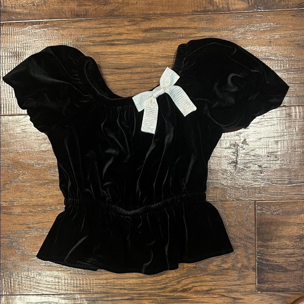 Black Velvet Puff-Sleeve Peplum Top with Bow